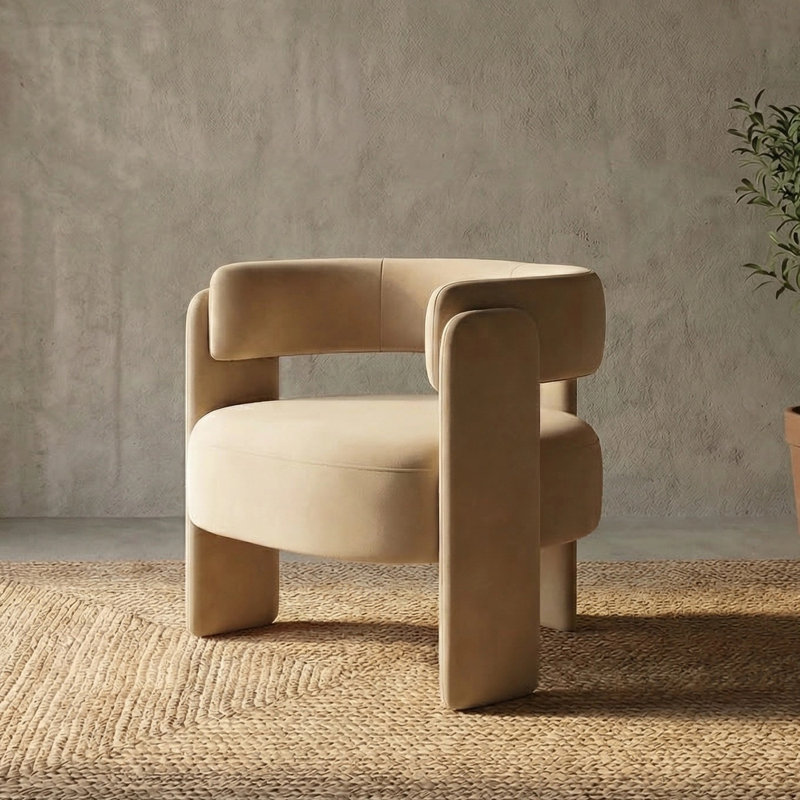 Fauteuil 1 pièce Mid-Century, Velours kaki