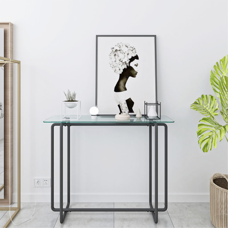 Console avec pied de table rectangulaire en verre trempé rectangulaire, Transparent