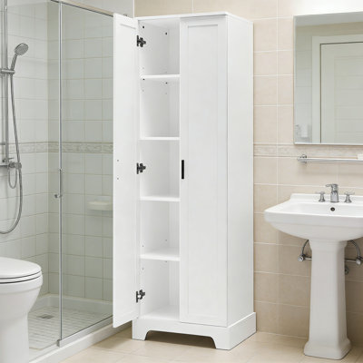 White Double-Door Storage Cabinet, Made Of MDF Material, Suitable For Bathrooms And Offices, Equipped With Adjustable Shelves For A Neat And Organized Look.