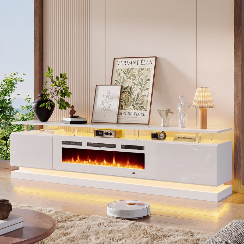 TV Stand With Fireplace, 61" H x 203" W x 35" D, White