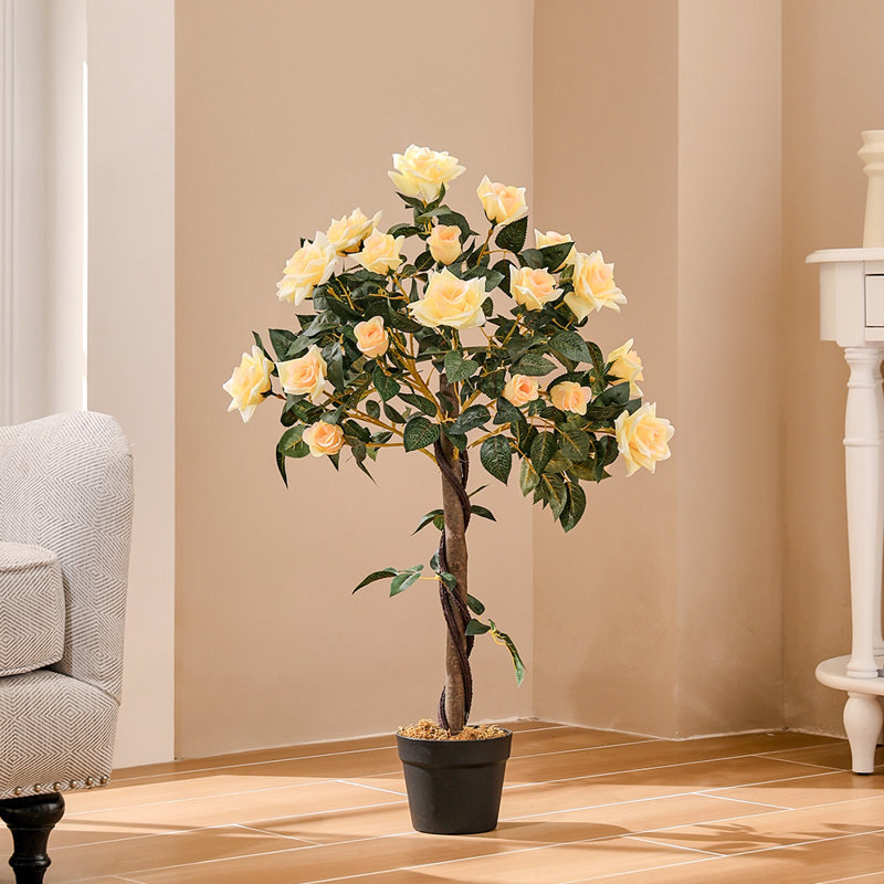 90cm Yellow Artificial Rose Flower Tree in Pot for Decoration, Yellow