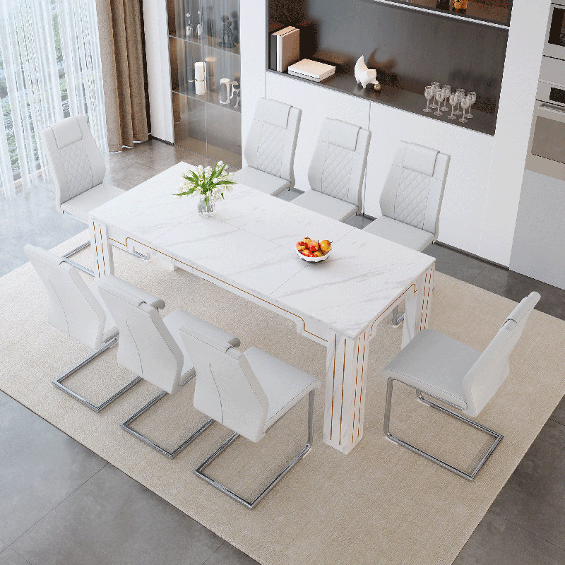 Ensemble de table de salle à manger 71 po à finition en faux marbre pour 6/8, ensemble de salle à manger rectangulaire moderne avec chaises en cuir PU