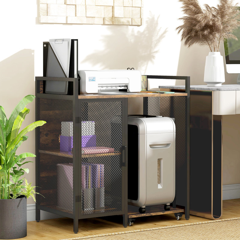 Bureau d'imprimante chargé, brun rustique. Tablette réglable à 3 niveaux, mobile avec freins, tablette de bureau pour bureau organisé. Verrouillable. Accessoire maison essentiel
