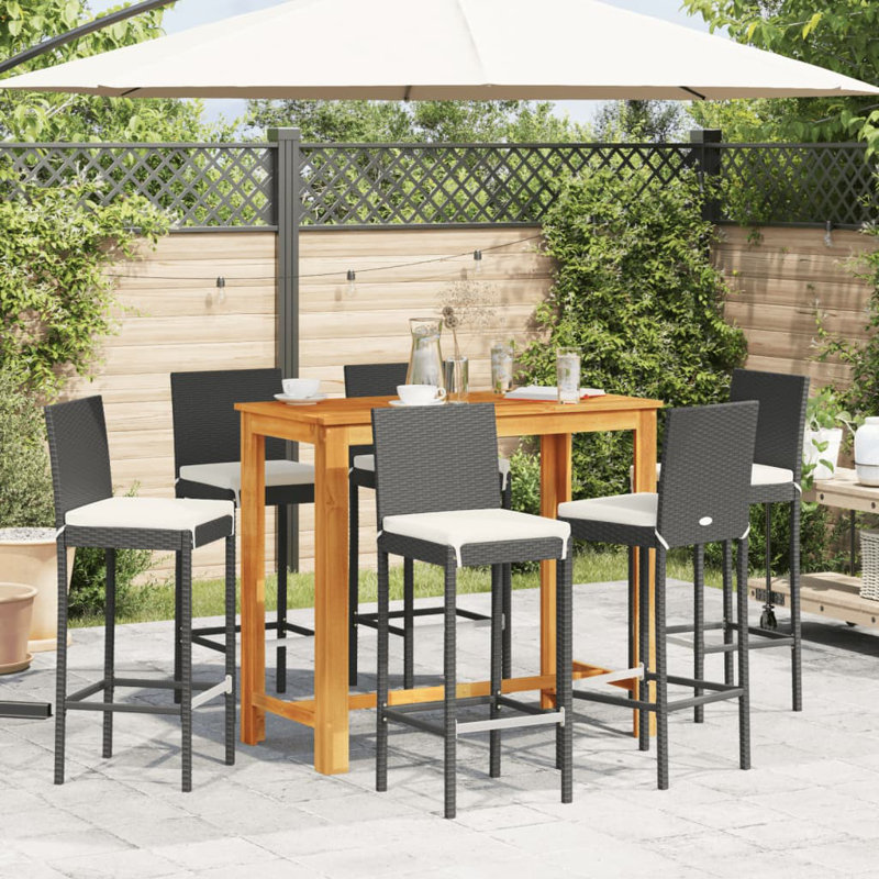 Ensemble de bar 7 pièces Wildon Home® en bois massif noir d'acacia et de rotin poly, Gris foncé, Noir, noir, noir, noir