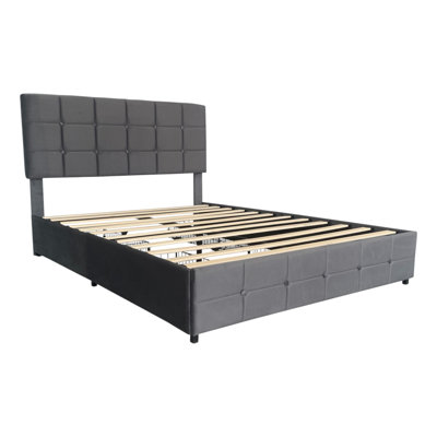 4Ft6 Double Upholstered Bed With 4 Storage Drawers, Velvet Bed Frame With Charging Station, Adjustable Button Tufted Headboard With USB And Type - C Ports, No Box Spring Needed