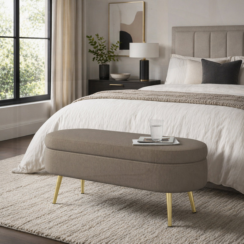 Banc de rangement repose-pieds ovale en flanelle avec pieds en métal robustes pour un décor moderne et élégant, Brun