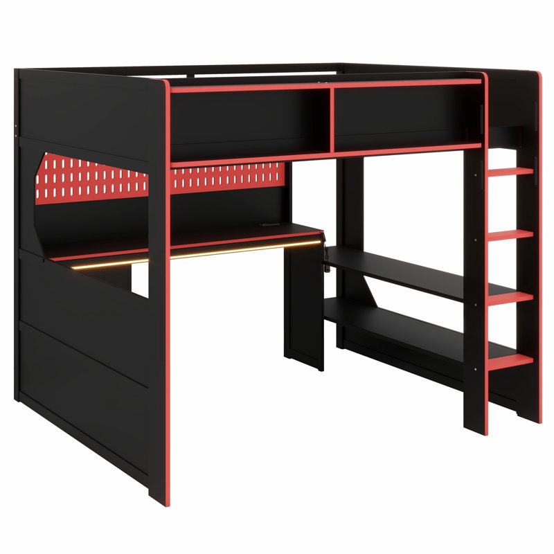 All-in-One Loft Bed with Desk, Lights & Charging Station, Black+Red