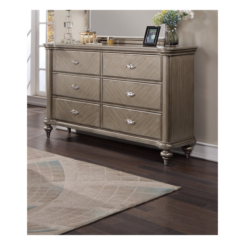 Commode 6 tiroirs argent antique avec miroir, fabrication en bois massif et en placage, mobilier de chambre contemporain