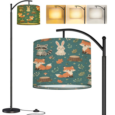  Arc Floor Lamp Cute Woodland Animals Foxes Raccoons Rabbits Teal Tall Modern Standing Lamp LED Adjustable Linen Lampshade 3 Color Temperatures