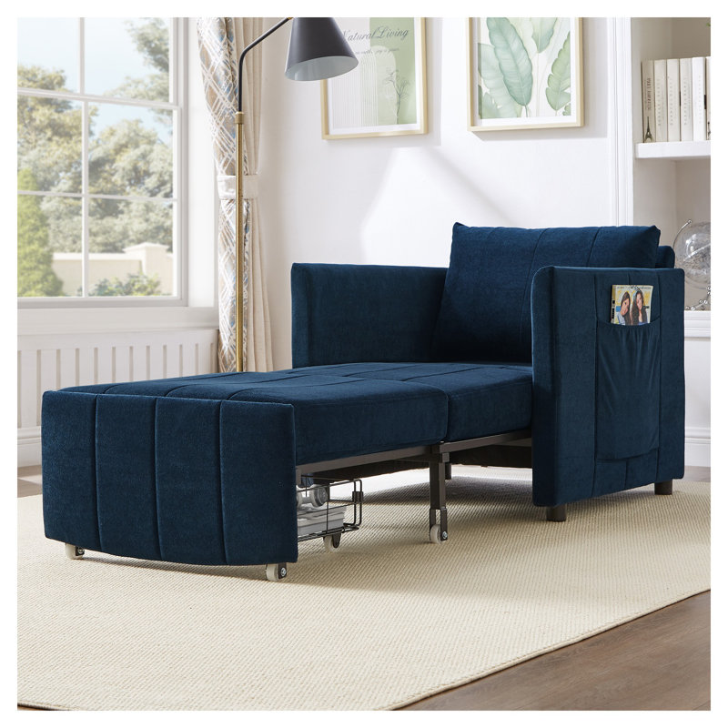 Canapé-lit convertible de 31,5 po, canapé-lit en chenille bleue avec dossier réglable à 5 positions, poches latérales et panier de rangement - Fauteuil-lit escamotable peu encombrant pour salon, appartement