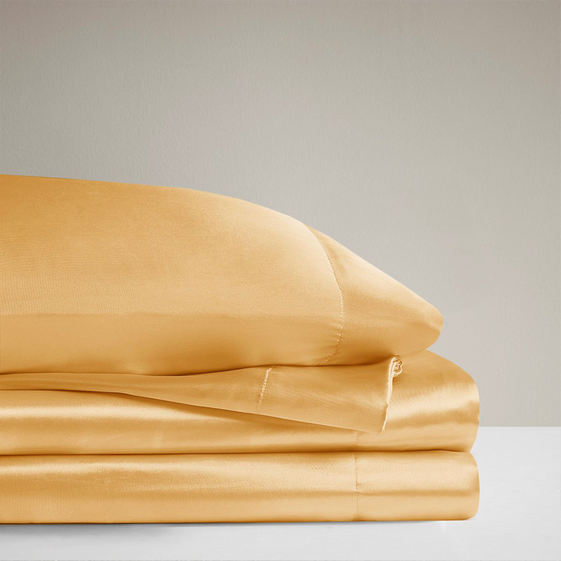 Ensemble de draps en satin 6 pièces Gracie Mills Coralie, Ensemble de draps pour grand lit avec 1 drap-houss, Or