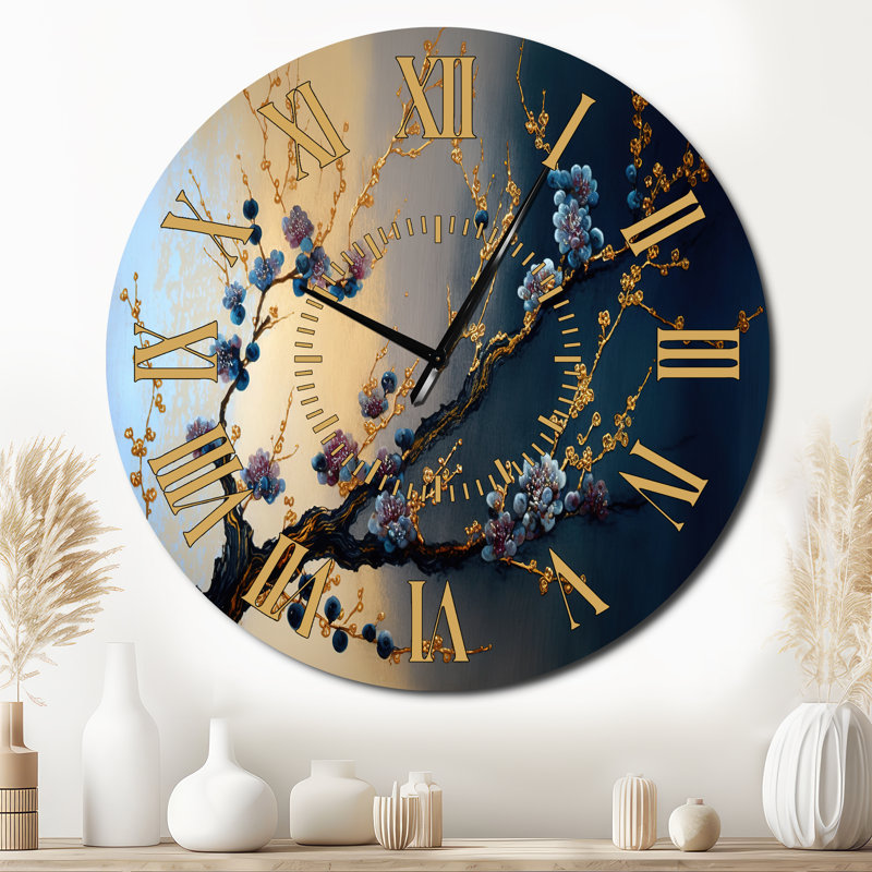 Horloge murale Blue Cherry Blossom Branch I - Modern Golden Face, Surdimensionné