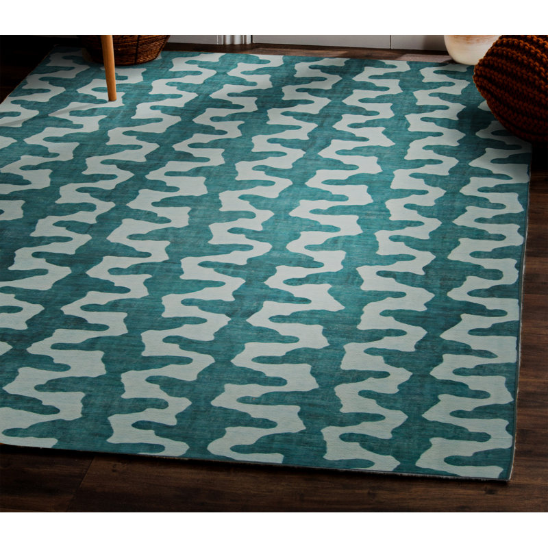 Kivett Stalk Aqua and Green Indoor Outdoor Machine Washable Area Rug, Rectangle 5' x 7'