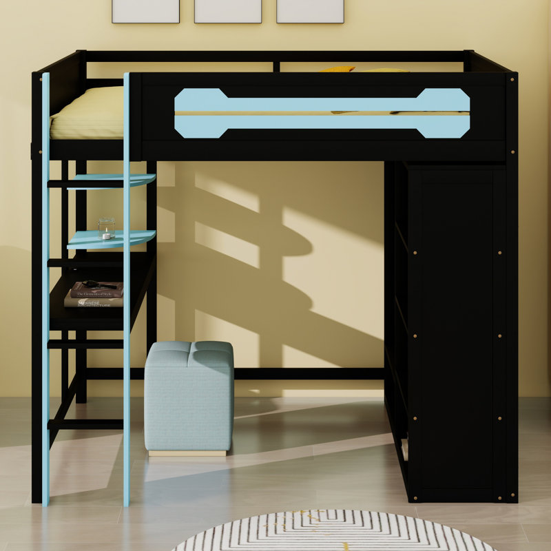Lit mezzanine peu encombrant avec bureau intégré et garde-robe ouverte, Bleu