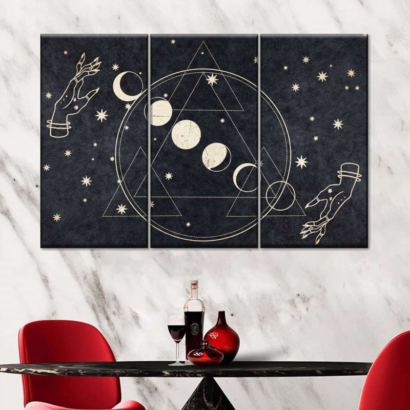 «New Age Bohemian Moon Cycle on Canvas», reproduction de 3 pièces, H 48 po x l 74 po x P 1,25 po