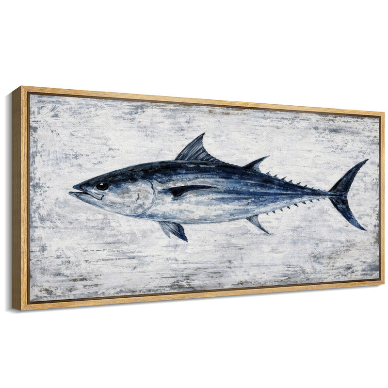 Blue Tuna Fish Rustic Coastal Nautical Wall Decor Extra Large Pictures Framed Canvas Print Wall Art, Natural