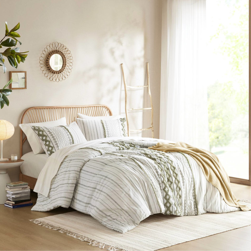 3 Pcs Full/queen Chenille Cotton Printed Comforter , Sage/ Color, Global Inspired Print, And , Matching Shams With Back Overlap