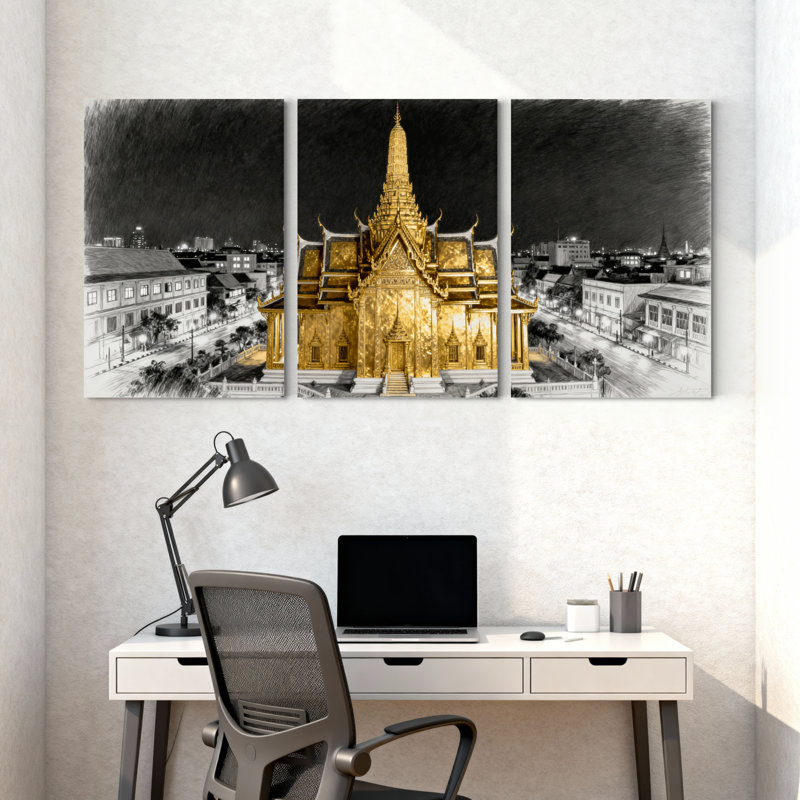 Ensemble de 3 impressions d'art sur toile, Temple d'or, nuit, paysage urbain, H 24 po x l 48 po