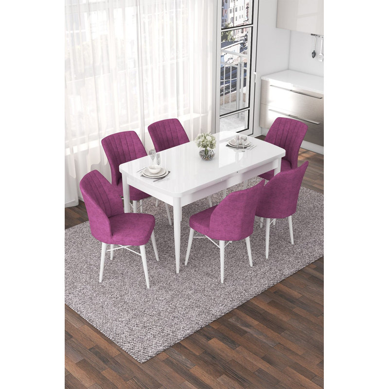 Ensemble de table et chaises de salle à manger extensible (7 pièces), H 30,7 po x l 44,9 po x P 27,6 po, Blanc, Mauve