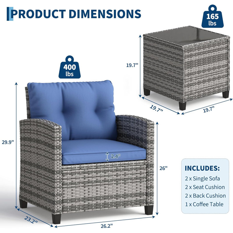 3-Piece Outdoor Patio Furniture Set, PE Rattan Wicker Frame with Tempered Glass Side Table, Conversation Chairs with Removable Cushions, Balcony Porch Garden Seating