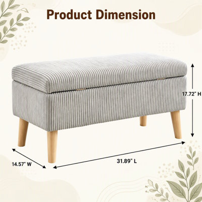 Banc repose-pieds de rangement en velours côtelé vert olive de 32 pouces de largeur avec pieds en bois, boîte de rangement rabattable, banc de bout rembourré doux, repose-pieds et banc à chaussures pour chambre à coucher, salon, entrée