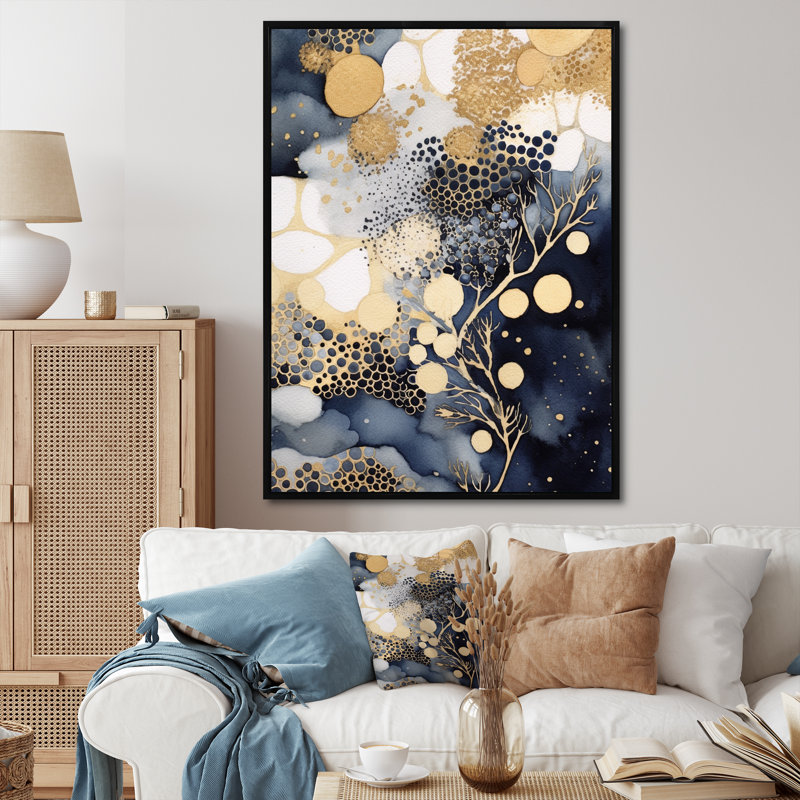 «Pastel Abstract» avec des taches bleues noires et dorées sur toile encadrée, Cadre flottant noir