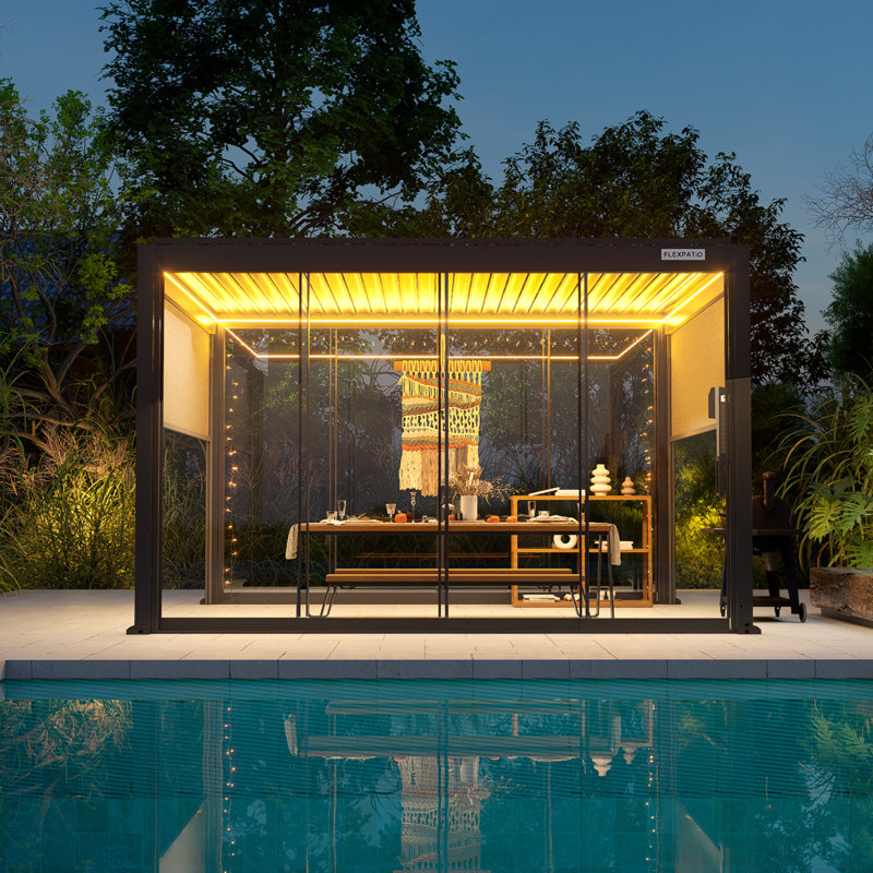 Pavillon de jardin permanent en métal L 10 pi. Pergola à persiennes d'extérieur motorisée D avec 2 abat-jours latéraux et 2 portes coulissantes en verre