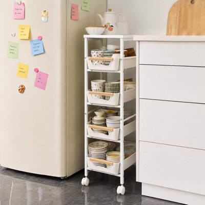 Chariot de rangement compact à roulettes compacte à 5 niveaux avec plateau en bois et paniers coulissants - Tablette mobile pour cuisine, salle de bain, buanderie, garde-manger - Conception étroite de 8,1 po de largeur