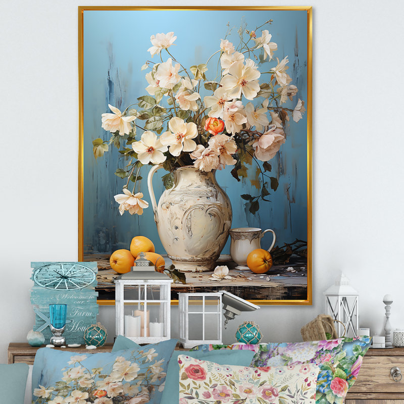 Art floral mural blanc rococo raffiné - poterie bohème, 44" H x 34" W, Silver Picture Framed