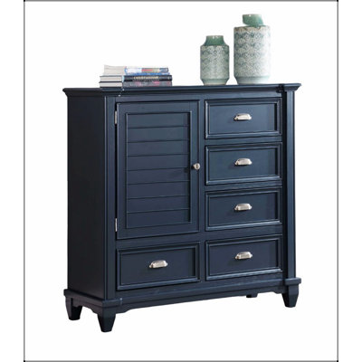 Armoire de style transitionnel bleu ardoise avec boutons ronds, glissières à roulement à billes et tiroirs doublés de feutre pour le rangement de la chambre à coucher