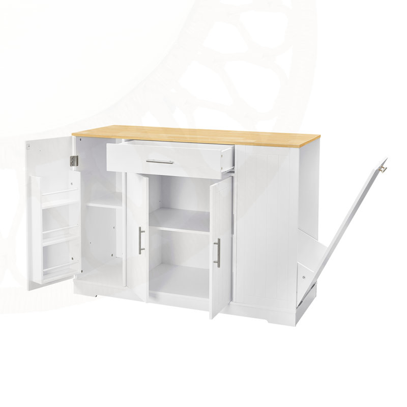 53.2'' Kitchen Storage Island with Drawers and Trash Can Cabinet, Modern Farmhouse Design for Efficient Space Utilization.