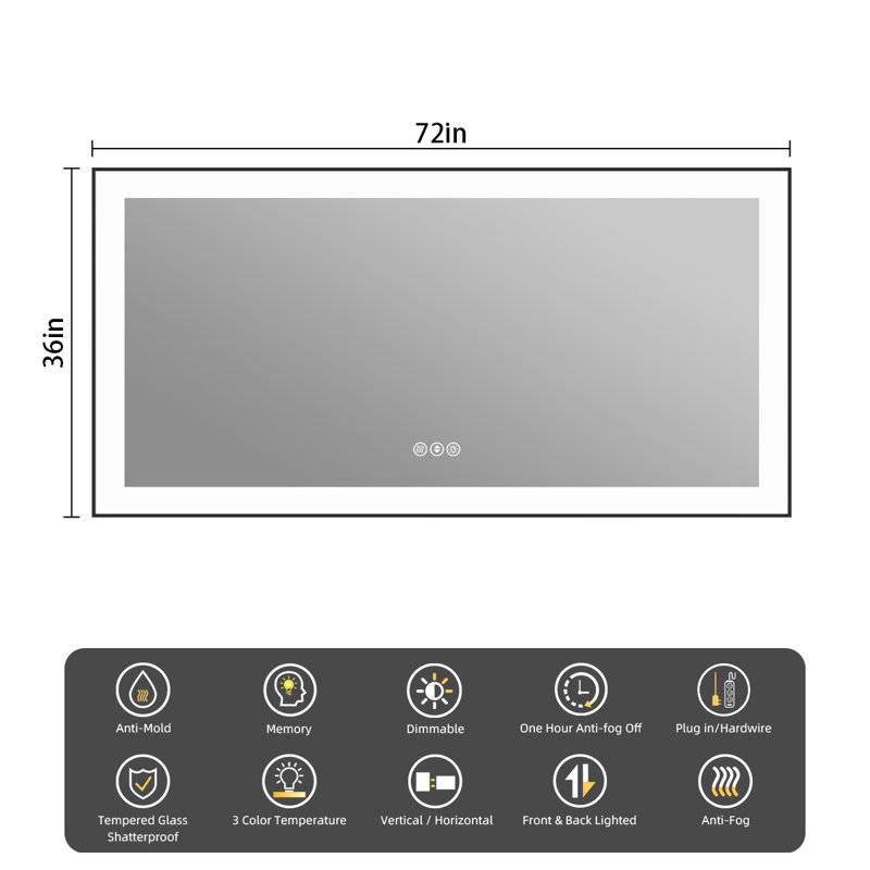 Miroir de salle de bain Lunara, 72 po x 36 po