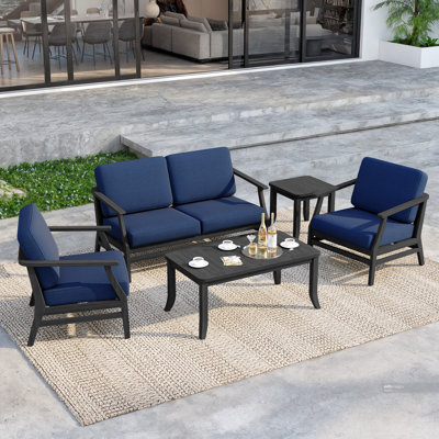 Teak Outdoor Four-person Patio Set with Cushions and Two Tables