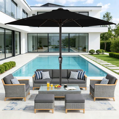 Parasol de patio en acier de 11 pi avec système de levage à manivelle et 6 parasols de table résistants et imperméables parfaits pour la piscine, la terrasse, la plage et le restaurant en plein air, noir