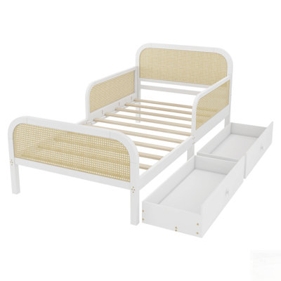 Platform Bed Frame with 2 Storage Drawers, Rattan and Wood Fusion for Kids