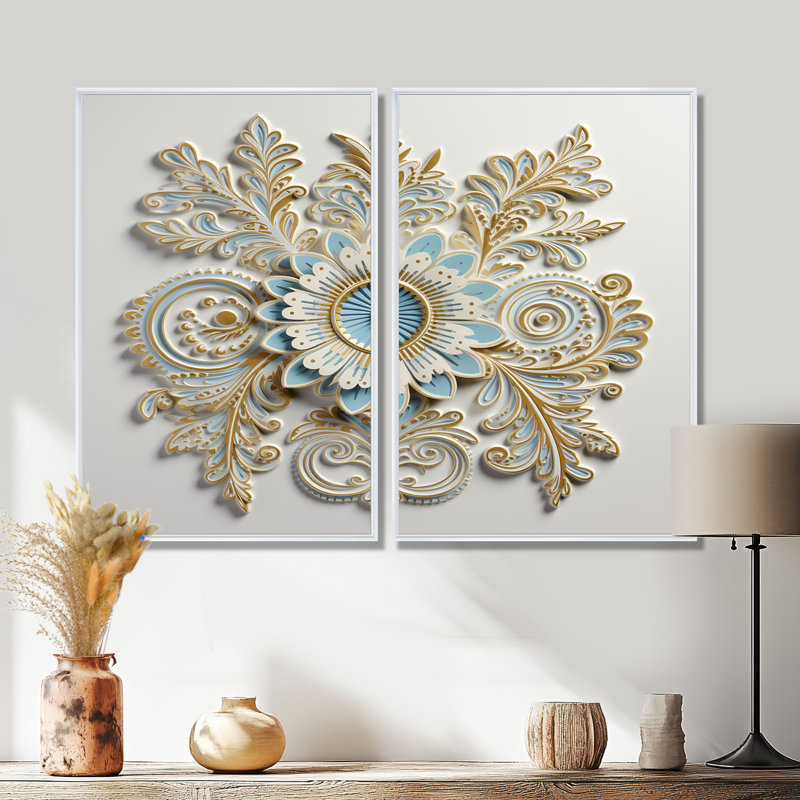 «White Blue Stylish Boho Floral Arrangements», art mural sur toile blanche, H 36 po x l 48 po, Impression encadrée flottante