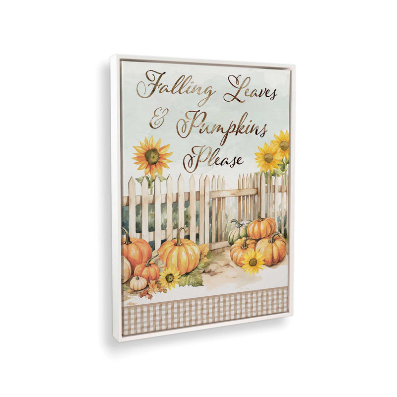 «Falling Leaves and Pumpkins Veuillez» par Nicole DeCamp, reproduction d'art, L 24 po x H 32 po, Blanc, Toile avec cadre