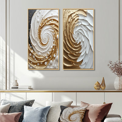 «White and Gold Rose Love Spiral I», ensemble de 2 pièces d'art abstrait spirales murales