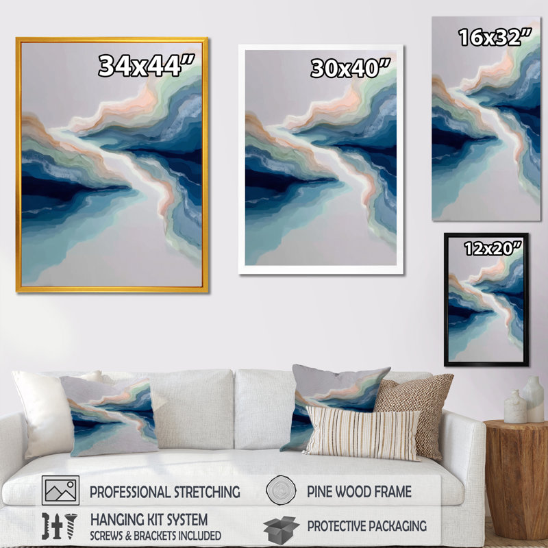 «White Blue River Fragments», art sur toile à encre liquide, art abstrait blanc, Cadre photo unique, Noir, H 44 po x l 34 po