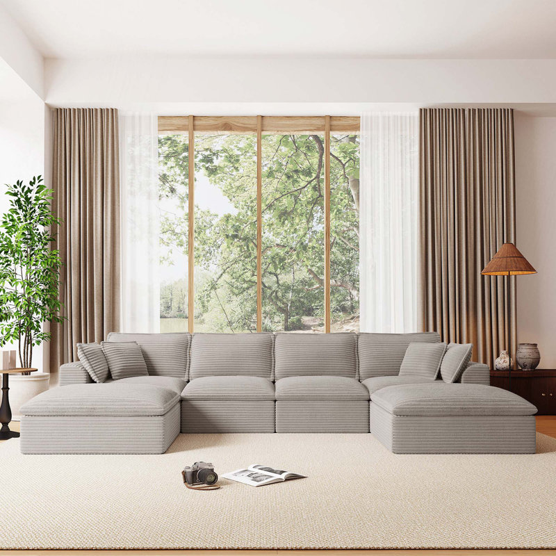 Canapé modulaire entièrement compressé de 142 po x 82 po, en forme de U avec repose-pieds, chenille rayée de luxe avec coussin moelleux en forme de nuage, sans assemblage requis, pour salon et appartement