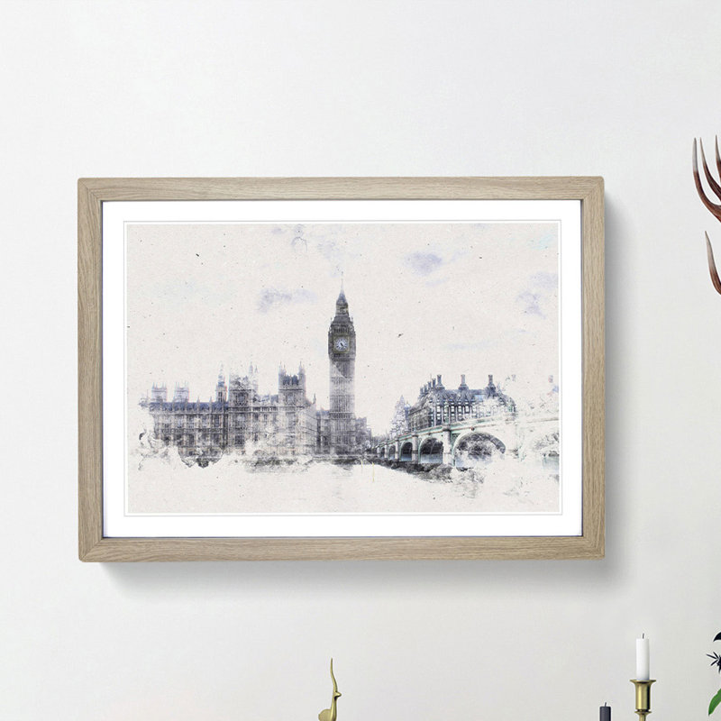 The Houses Of Parliament London Watercolour - Single Picture Frame Print on MDF, Oak Framed, 45cm H x 63cm W x 2cm D