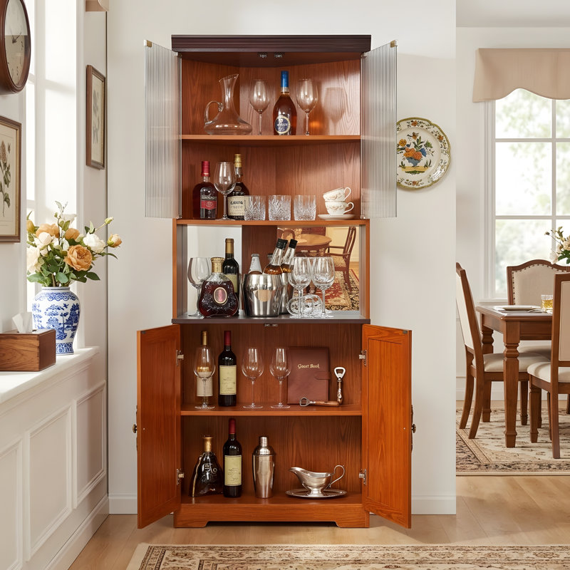 Armoire de rangement autoportante de 70,86 po (180 cm) de hauteur, armoire à vin 5 niveaux avec portes en verre trempé, dossier en miroir, tablettes réglables pour la cuisine du salon, vitrine moderne en bois