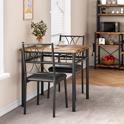 Space-Saving 3-Piece Dining Table Set for 2 – Square Kitchen & Dining Room Furniture with 2 Upholstered Cushioned Chairs – Compact Table for Small Apa
