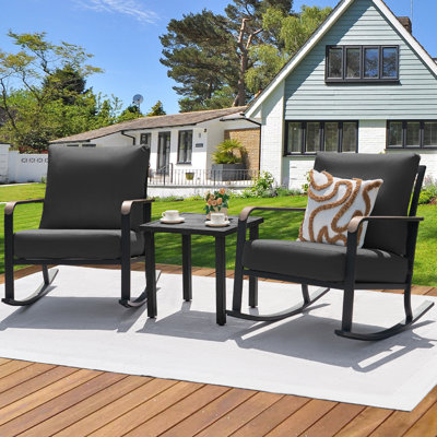 3 Pieces Outdoor Patio Furniture Conversation Set With 2 Metal Rocker Chairs