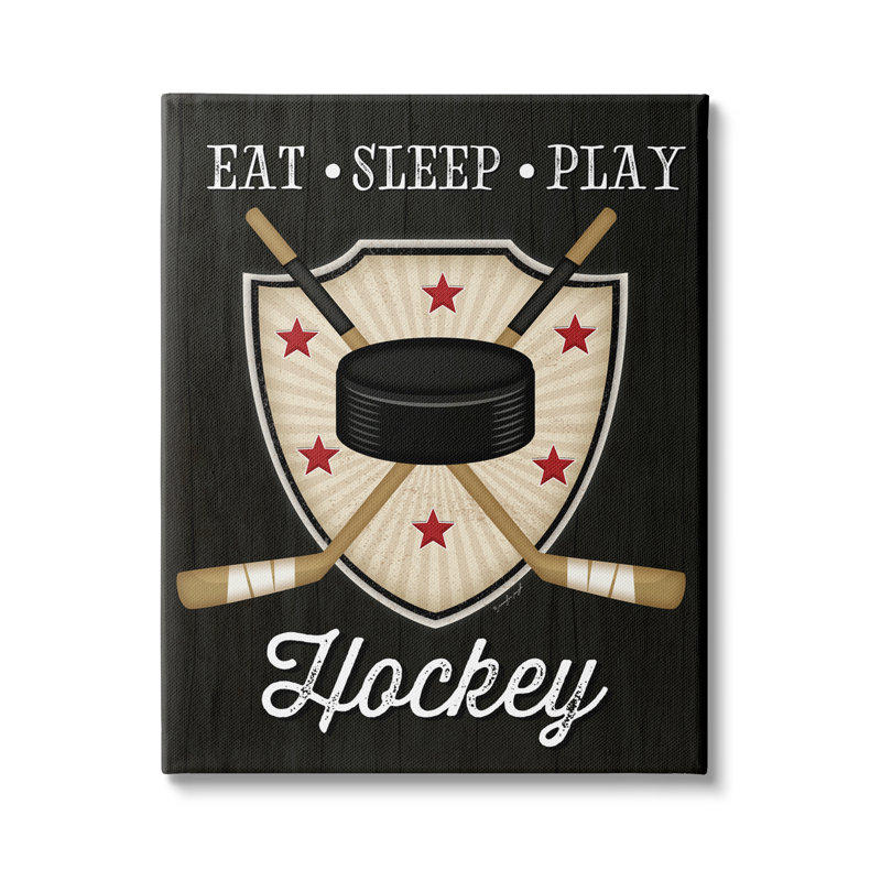 «Eat Sleep Play Hockey Expression Crossed Sticks Puck» par Jennifer Pugh - impression, H 40 po x l 30 po, Toile tendue