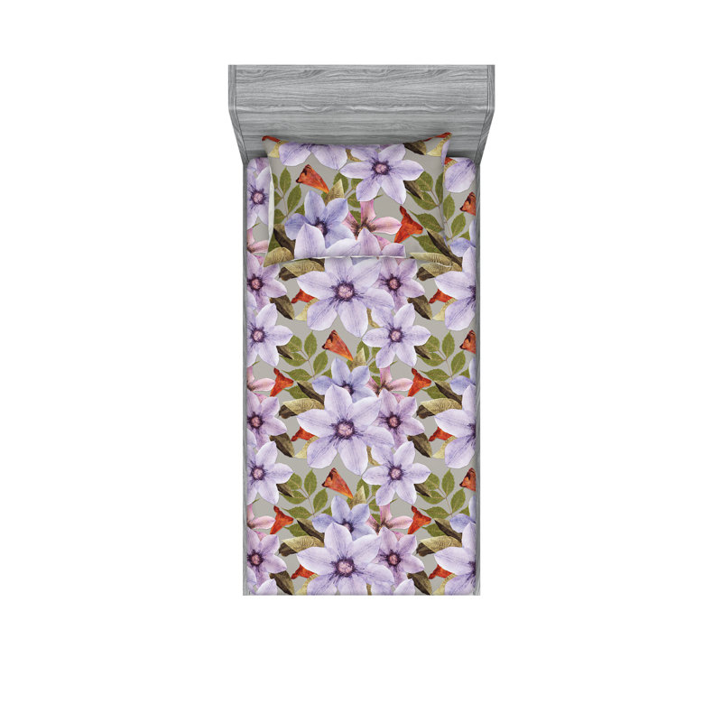 Drap-housse et taies décoratives 3 pièces Ambesonne, Lavande pâle, sépia pâle, vert / floral