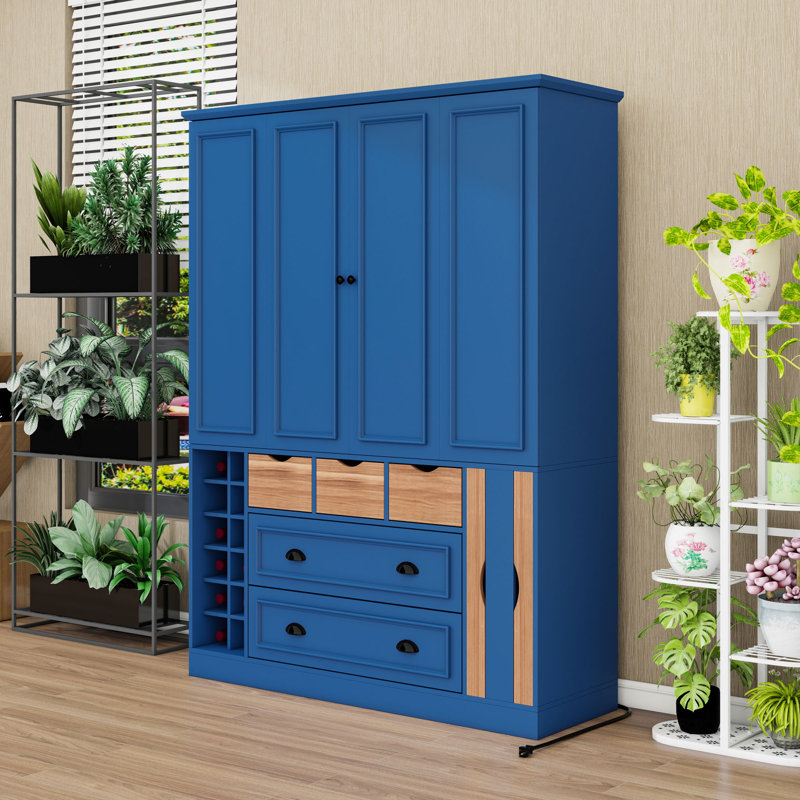 Garde-manger autoportant avec tablettes réglables, supports à vin, prise de courant et conception anti-basculement, Bleu