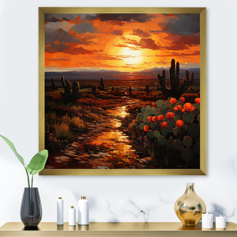 Cactus coucher de soleil, désert, rêves - art mural désert, Encadrement doré, H 30 po x l 30 po x P 1,5 po