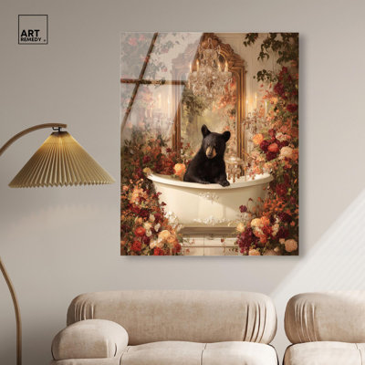Bear in Deep Bloom Bathtub Acrylic Print Glam Bathroom Art by Art Remedy, Ready to Hang, 24 x 30