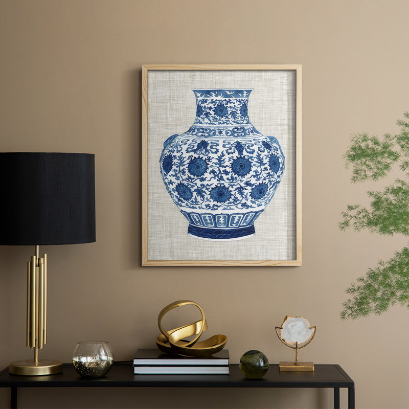 Vase Ming sur lin, reproduction encadrée en V - bois massif, Naturel, H 30 po x l 24 po